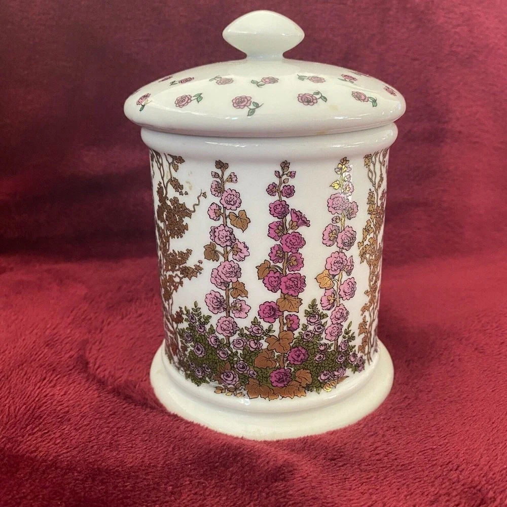 Vintage Porcelain Courting Couple Floral Cotton Ball Vanity Jar West Germany